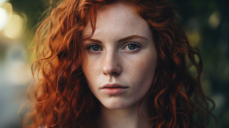 A young woman with vivid red hair and piercing green eyes holds a penetrating gaze in a soft-focus background.の素材