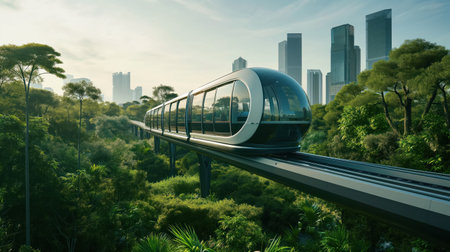 A futuristic monorail train glides smoothly above a lush green landscape, juxtaposing modern technology with natural beauty.の素材