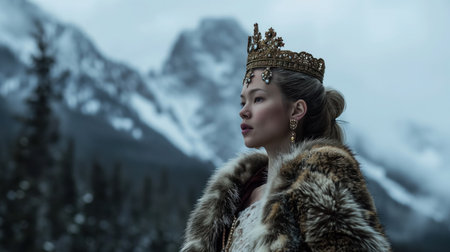 A regal woman stands poised against a mountainous backdrop, her crown and fur attire suggesting nobility and a connection to the wild landscape.の素材