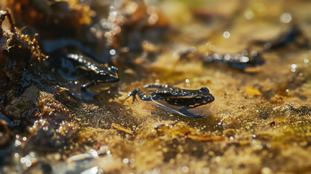 Close-up of small frogs in their natural wetland habitat, showing the biodiversity of the marsh ecosystem.の素材