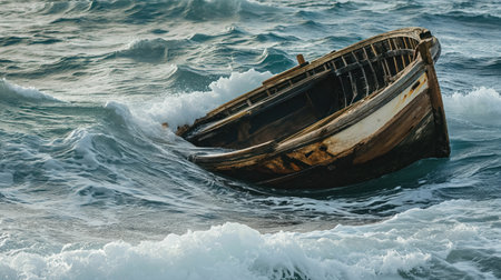 A lone wooden boat faces the power of the ocean as turbulent waves crash around it, symbolizing struggle and resilience.の素材