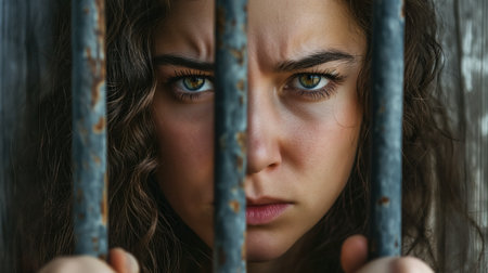 A close-up of a young woman's eyes as they stare intently through rusted iron bars, hinting at a story of confinement or longing.の素材