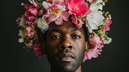 A solemn man's portrait is softened by a crown of vibrant pink and white flowers, symbolizing a fusion of strength and gentility.の素材