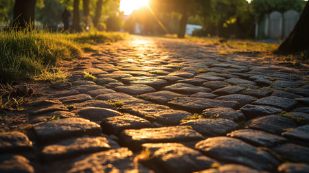 Warm sunset light bathes a cobblestone path, with grass edging the stones, creating a picturesque scene in a tranquil park setting.の素材