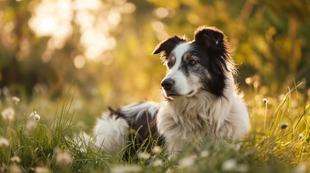 A border collie lies in a sunlit field, the warm light casting a soft glow on its black and white fur, encapsulating a moment of serene repose.の素材
