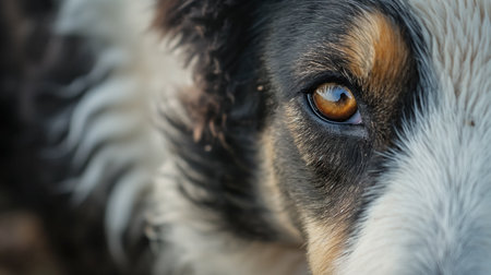 A close-up of a border collie's face, with one eye in sharp focus, reflecting intelligence and alertness, a portrait of loyalty and attentiveness.の素材