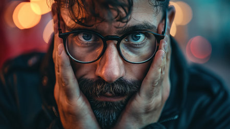A man holds his face in his hands against a backdrop of neon bokeh lights, his eyes conveying deep thought or concern.の素材