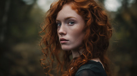 A woman with fiery red curls looks over her shoulder in a forest, her piercing gaze striking against the soft blur of nature's backdrop.の素材