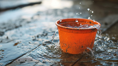 An orange bucket catches a splash of water, creating ripples on the wet wooden surface, highlighted by the soft glow of sunlight.の素材