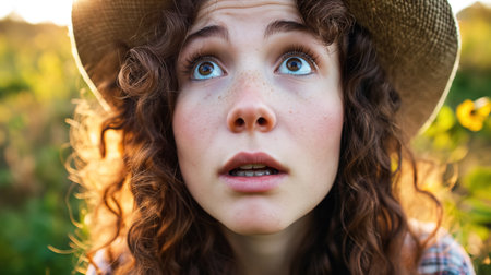 A young woman with curly hair and a straw hat looks up with a surprised expression, her eyes wide open.の素材