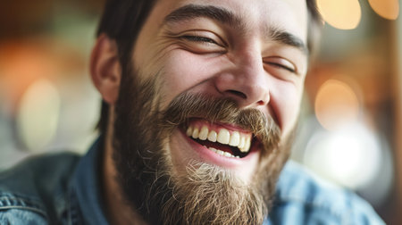 Close-up of a bearded man's face showing a hearty genuine laugh with a blurred background.の素材
