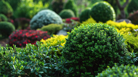 Manicured topiary shrubs in varying shapes and sizes adorn a well-kept garden with a rich variety of green hues.の素材
