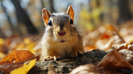 A chipper squirrel peeks over a rock, surrounded by fallen autumn leaves, with its beady eyes curiously exploring.の素材
