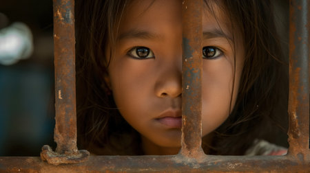 A young child's eyes are filled with curiosity as they peer through rusty metal bars, hinting at a story untoldの素材