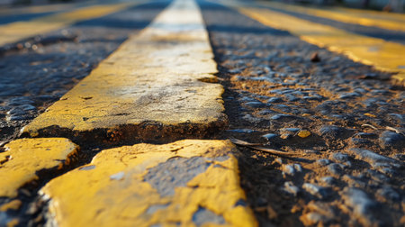 A close-up view of a weathered double yellow line on a textured road surface, symbolizing guidance and direction.の素材