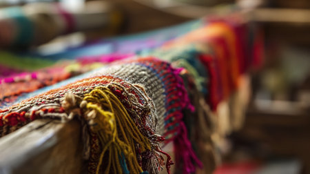 A close-up view of a vibrant, multicolored textile with intricate woven patterns on a traditional loom.の素材