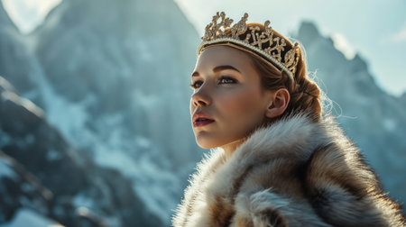 A regal queen adorned with a crown and fur stands against a backdrop of towering snow-capped mountains, exuding power and elegance.の素材