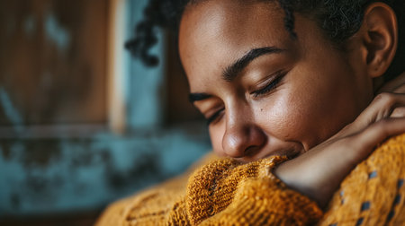 A serene woman with a gentle smile closes her eyes in contentment, nuzzling into the cozy fabric of her mustard-yellow sweater.の素材