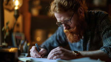 A focused bearded man with glasses writing diligently in a warmly lit room.の素材