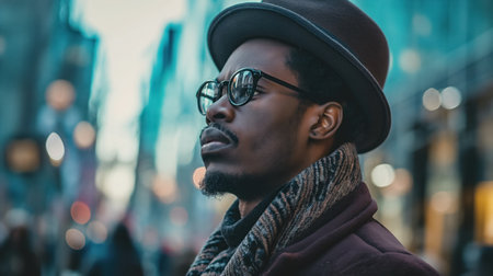 A stylish young man in hat and glasses stands pensively in the bustling city streets at dusk.の素材