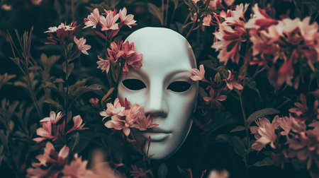 A white mask nestled among red flowers, presenting an enigmatic and mysterious scene.の素材