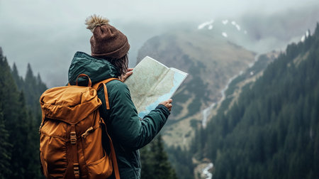 A couple of hikers, equipped with a backpack and a map, navigate through the misty mountain terrain, surrounded by the tranquility of nature.の素材