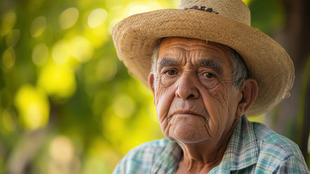 A portrait of an elderly man with deep-set eyes and a serious expression, wearing a straw hat and plaid shirt, set against a green leafy background.の素材