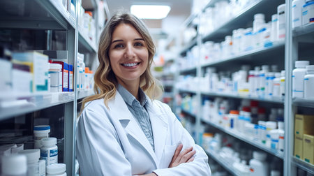 A friendly female pharmacist in a white coat stands confidently in a well-stocked pharmacy, arms crossed.の素材