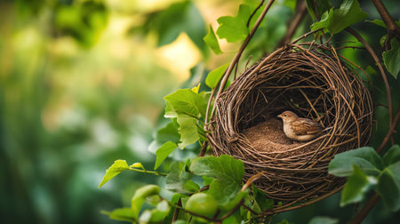 A small, brown bird sits within the safety of a natural twig nest, nestled among the lush green leaves of a vibrant plant.の素材