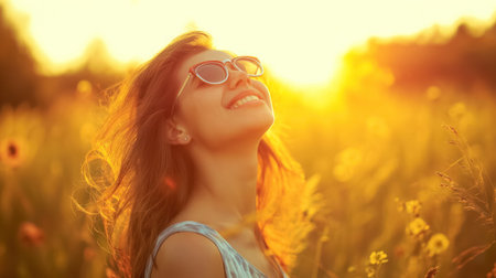 A woman with a joyful expression Basks in the golden light of the setting sun, surrounded by a field of wildflowers.の素材