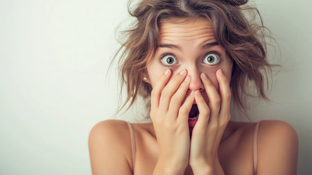 A young woman with tousled hair and wide eyes covers her mouth with both hands, expressing shock or surprise against a plain background.の素材