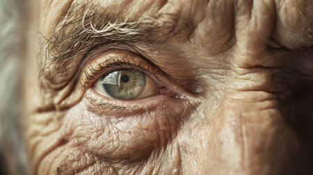 A close-up of an elderly person's eye, deeply set with wrinkles and life experience, conveying a sense of wisdom and time.の素材