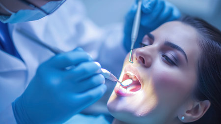 A dentist is carefully performing a dental procedure on a female patient, who is under bright lights in a modern clinic.の素材