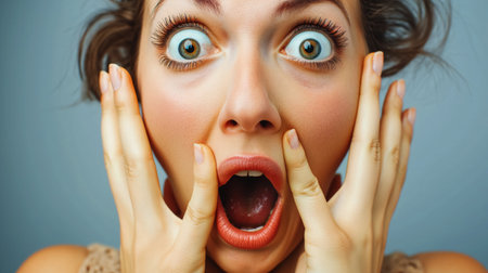 A woman's face captures a moment of pure shock, with wide eyes and mouth agape, against a simple blue background.の素材