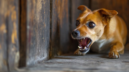 An intimate shot of a small, tan-colored dog with a fearful expression, baring its teeth while crouched in a wooden corner.の素材