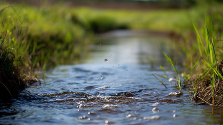 Glistening water meanders through a narrow channel, bordered by lush green grass under a bright, clear sky in a tranquil setting.の素材
