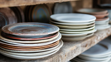 A variety of stacked ceramic plates in different sizes and subtle color variations neatly arranged on a rustic wooden shelf.の素材