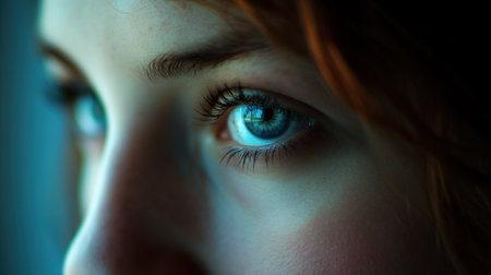 Intense close-up of a woman's blue eye, capturing the delicate details of her iris and the reflection within.の素材