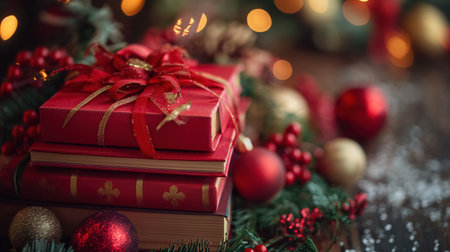 A festive holiday setting showcases a stack of red gifts tied with golden ribbons, surrounded by sparkling baubles and pine decorations.の素材