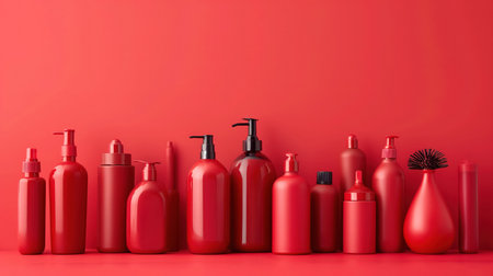 A striking monochromatic display of various red bottles neatly arranged against a vibrant red background.の素材