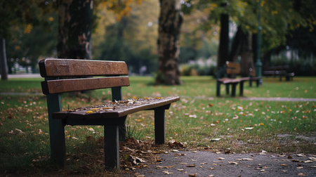 A solitary bench sits empty among fallen leaves in a quiet park, evoking a sense of peaceful solitude.の素材