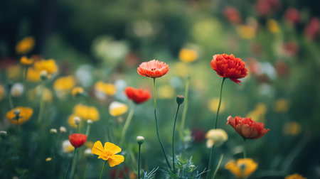 Vibrant poppy flowers stand out with their rich red petals among a soft-focused garden of varied blossoms.の素材