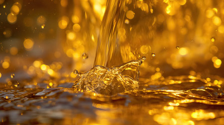 A close-up shot capturing the dynamic movement of water splashing, illuminated by the golden rays of sunlight, creating a radiant display.の素材