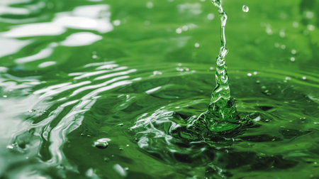 A single droplet of water creates a splash, captured in sharp focus against a vibrant green backdrop.の素材