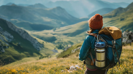 A lone hiker with a backpack gazes out over a sprawling, sunlit mountainous landscape, embodying a sense of adventure.の素材
