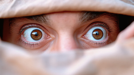 A man's curious eyes intensely peering over a cloth covering, with a sharply focused gaze that seems to penetrate the viewer.の素材