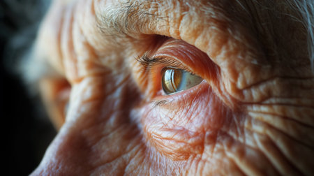 A profound close-up of an elderly person's eye, revealing a life's story through the intricate lines and warm gaze.の素材