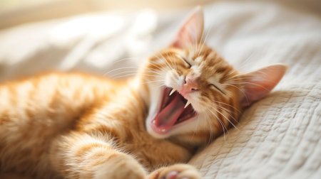 A charming orange tabby kitten caught mid-yawn on a cozy bed, with warm sunlight filtering through, highlighting its fur.の素材