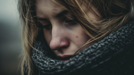 A young woman appears forlorn, her face partially obscured by a thick scarf, as she braves the outdoor cold, her expression conveying deep emotion.の素材