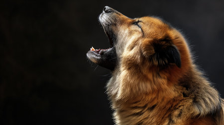 Side profile of a fluffy dog with its mouth open, eagerly waiting a treat against a dark background, capturing a moment of anticipation and joy.の素材